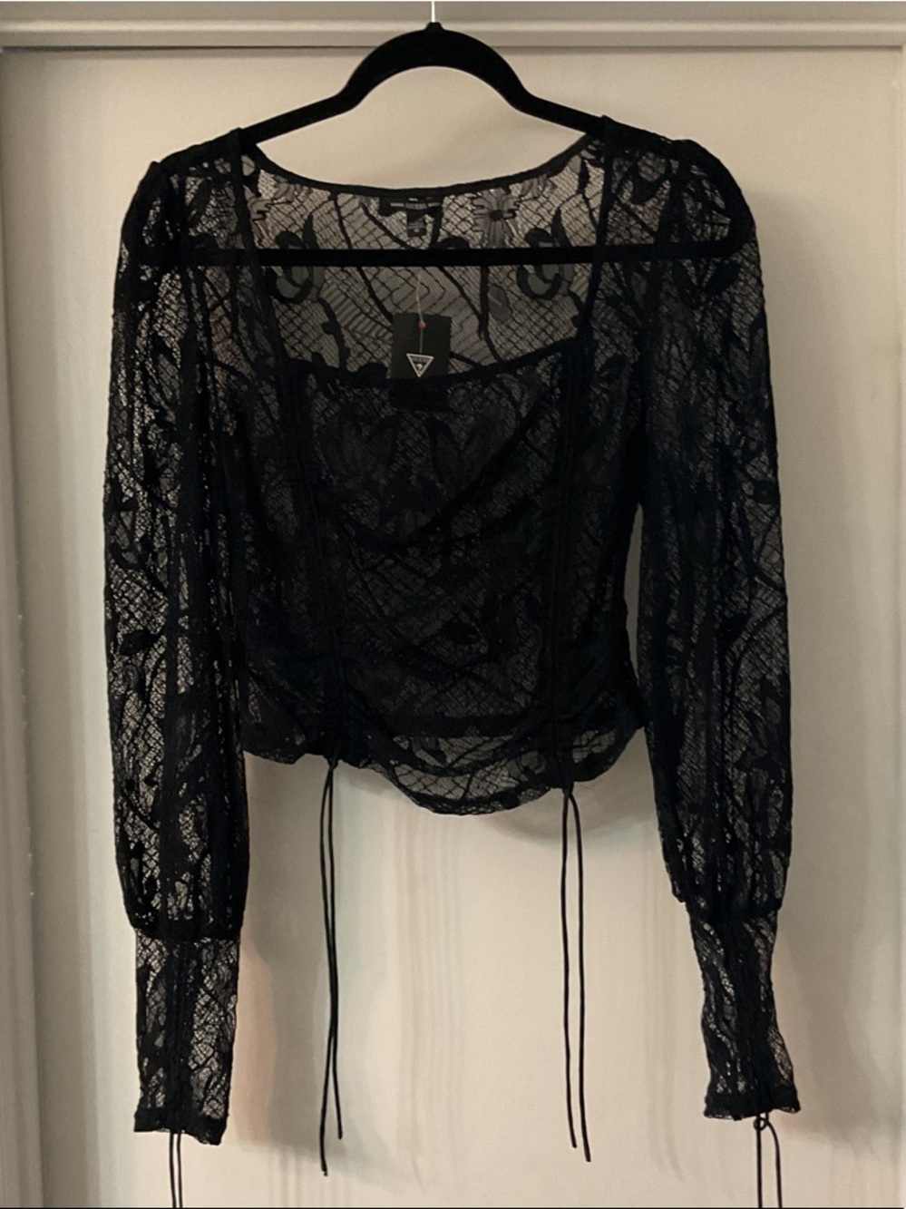 Guess Black Lace Long- lace up Front Blouse